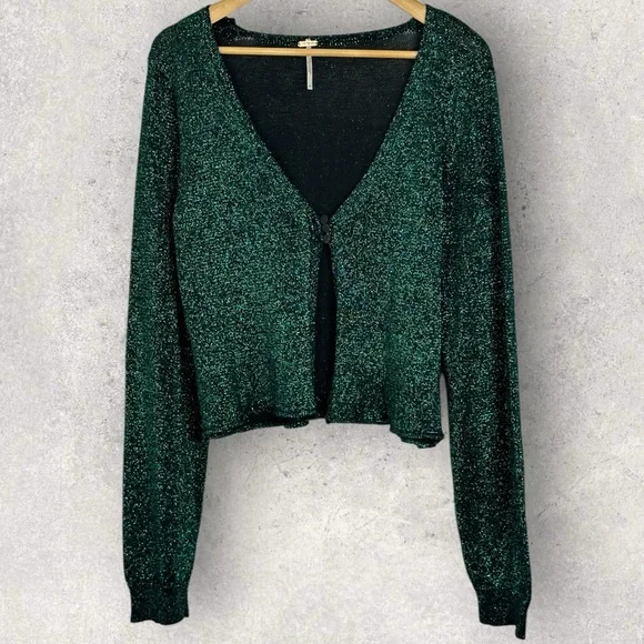SOLD Free People Alpine Green Glitter Metallic Cardigan‎ Womens Size XL Y2K - Picture 14 of 15